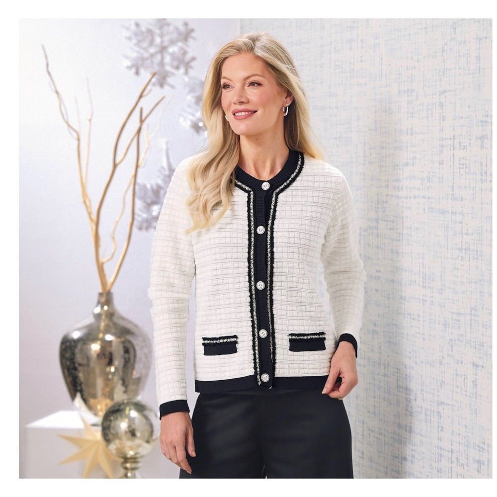 NorthStyle Ivory Black Textured Metallic Trim Button Front Cardigan Sweater S
